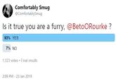 Comfortably Smug @ComfortablySmug Is it true you are a furry, @BetoORourke? 93% YES 7% NO 1,523 votes Final results 2:09 PM 23 Jan 2019