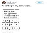 Max Grossman @GrossmanMax Follow According to my calculations... | Adults who| | are obsessed | with Disney arel | psychopaths 4 15 16 + 9:36 PM - 7 Apr 2019