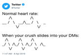 Twitter @Twitter Normal heart rate: When your crush slides into your DMs: 11:47 AM -8 Apr 2019