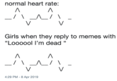 normal heart rate: Girls when they reply to memes with "Loooool I'm dead" 4:29 PM - 8 Apr 2019