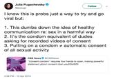 Julia Pugachevsky @jaypugz 17 Follow )v I know this is probs just a way to try and go viral but: 1. This dumbs down the idea of healthy communication re: sex in a harmful way 2. It's the condom equivalent of dudes asking for recorded videos of consent 3. Putting on a condom + automatic consent of all sexual activity CBS NewsCBSNews Consent condom" requires four hands to open, making powerful statement about consent cbsn.ws/2GbiSZ3 2:38 PM 10 Apr 2019