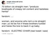 vergils minecraft arms @anrisnosehole 70 billion cis straight men: "produce boatloads of creepy loli content and tasteless hentai* fandom: women, and anyone who isnt a cis straight man: yo itd be hot if these brothers f----- and heres the lore to back it up baby fandom: ELECTRIC CHAIR (real tweet i saw) :19 PM-6 Apr 2019