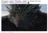 Drogon said "Really, right in front of my salad?" #GameofThrones 10:16 PM-14 Apr 2019