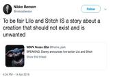 Nikko Benson @nikkoabenson Follow To be fair Lilo and Stitch IS a story about a creation that should not exist and is unwanted WDVV Nooze 2Dai @theme_park BREAKING: Disney announces live-action Lilo and Stitch Show this thread 4:34 PM -14 Apr 2019