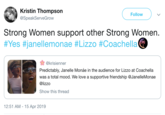 Kristin Thompson @SpeakServeGrow Follow Strong Women support other Strong Women. #Yes #janellemonae #Lizzo #Coachella@ 舜@krisienner Predictably, Janelle Monáe in the audience for Lizzo at Coachella was a total mood. We love a supportive friendship @JanelleMonae @lizzo Show this thread 12:51 AM-15 Apr 2019