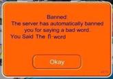 Banned: The server has automatically banned you for saying a bad word. You Said The n-word Okay s610