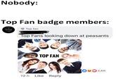 Nobody: Top Fan badge members: Top fan Top Fans looking down at peasants TOP FAN 19 h Like Reply