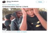 Shaun Sundholm @f letter Follow ) ﹀ Replying to @NBA @Dame_Lillard Unbelievable Dame Lillard. GIF 4:10 AM -24 Apr 2019 from Venice, Los Angeles