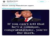 Geoffrey Firmin @geoffrey firmin Follow Replying to @washingtonpost Never voting Republican again # Deranged Donald If you can't tell that he's a conman, congratulations, you're the mark.