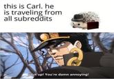 this is Carl. he is traveling from all subreddits Shut up! You're damn annoying!