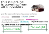 this is Carl. he is traveling from all subreddits put the subreddit name he passed by here r/memes RTEENAGERS r/tumblr r/aww rihydrohomies rIdankuemes /rarepuppers r/pewdiepiesubmissions r/ScottTheWoz r/garlicbreadmemes r/trebuchetmemes r/bossfight r/kaiserreich