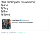 Stark Rankings for this weekend: 1) Arya 2) Tony 3) Bran 4) Sansa Frank Pallotta@frankpallotta Good luck to all the Starks this weekend. 2:00 PM - 25 Apr 2019 from Los Angeles, CA