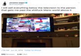 Christine tegen @chrissyteigen I will sell everything below the television to the person that gets me past the s------- Mario world above it Map View 7:30 AM. Jun 22, 2014 Twitter for iPhone 2.4K Likes 699 Retweets