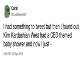 Reaction Tweets Coral aCoralReefer420 I had something to tweet but then I found out Kim Kardashian West had a CBD themed baby shower and now I just - 6:39 PM - 28 Apr 2019