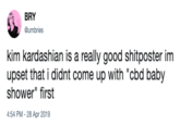 Reaction Tweets BRY umbries kim kardashian is a really good shitposter im upset that i didnt come up with "cbd baby shower" first 4:54 PM -28 Apr 2019