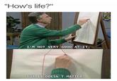 Mr. Rogers is drawing and stating that he is not good at life. Meme taken from a list of "38 Comedy-Filled memes":https://cheezburger.com/8251909/38-comedy-filled-memes-and-tweets-thatll-help-you-forget-its-monday from Cheezburger.