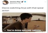 "Game of Thrones":/memes/subcultures/game-of-thrones meme with Kris Jenner about how surprised Davos was after seeing Arya's skills. Taken from a list of "Twitter Reactions To 'Game Of Thrones'":https://cheezburger.com/8258309/all-the-best-twitter-reactions-to-game-of-thrones-season-8-episode-3-battle-for-winterfell Season 8 Episode 3 'Battle For Winterfell'.