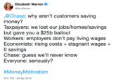 Warren Elizabeth Warren Ф @SenWarren .@Chase: why aren't customers saving money? Taxpayers: we lost our jobs/homes/savings but gave you a $25b bailout Workers: employers don't pay living wages Economists: rising costs stagnant wages - 0 savings Chase: guess we'll never know Everyone: seriously? #Money:Motivation 4:01 PM-29 Apr 2019