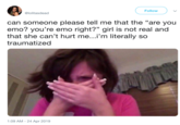 Follow @lolitasdead can someone please tell me that the "are you emo? you're emo right?" girl is not real and that she can't hurt me...i'm literally so traumatized 1:09 AM - 24 Apr 2019