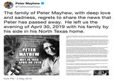 Peter Mayhew O @TheWookieeRoars The family of Peter Mayhew, with deep love and sadness, regrets to share the news that Peter has passed away. He left us the evening of April 30, 2019 with his family by his side in his North Texas home The family of Peter Mayhew, with deep love and sadhess, regrets to share the news thet Peter has passed away He ieft us the evening of Apri 30, 2019 wth his family by his side in his North Texas home. Peter was the men befindthe mask of Chewbacca n ne ongnal hlogy, episode 3 of the prequels, and the New Trilogy He fought his way back frombeing wheelchair-bound to stand tall and potray Chewbacca once more in Star Wars The Force Awakens He also consuted on The Last Jedi in an atternpt to teach his successor He put his heart and soul into the role of Chewbecca and i showed in every tame of the tims tom his knock kneed running, firing his bowcaster from the hip, his bright blue eyes, down to each subtle movement of his head and moun But, to him, the Star Wars family meant somuch more to him than a role in a fin The relationships that began then grew into the friends and family that he would love for decedes to corne As the films releesed and became more wel-knwn he hed hs eyes opened to th possbilties of what he could achieve with his sole in the Star Wars universe. For more than 30 years prter traveled ·over the world spending trme with his fans and triends Peter developed lifeliang friendships wth the other cast members and his fans while on the convention cirouit touching the lives of milions. As he realized over the years the impect he could have, he became heavly involved with the 501st legion, Wounded Warriors, Make-a-Wsh, and cther non-profe organiations PETER MAYHEW MAY 19,1944 To this end, he established the Peter Mayhew Foundation, supporting everything hom individuals and famlies in crisis situations to food and supplies for children of Venezuele during their recent road to freedom. He mot ony provided funds but became person ally involved with each individual, amily and couse he supported As he grew oider he continued to "solder on" as he put it and was completely in his element around his fans and supparters He grewgreat strengh trom the energy of his family friends and the fans he knew and loved APRIL30,2019 He is survived by his wite Angie and three children. His kindness, generosity and care vwill Iive on in the Peter Mayhew Foundation with Angie taking the helm as his voice. There will be a memorial service for fmends and femily held on June 29h and in earty December in Los Angeles here will be a memorial for fans set up wth his family in atendance, personal efleds and collection at EmpireConLA. For addtionel infomation, information on the memoriais or to offer candolences email vanRedAcpearances.cm Rather than gifls and lowers the family asks that you consider doneting to the foundation so that they can contnue his efforts to hep the community You can donate at htp 6:24 PM - 2 May 2019