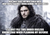 NEDONCESAID500 MEN COULD HOLD WINTERFEILAGAINST 10000 BEHINDTHE CITYWALLS LLJUST FILE THIS UNDER USELESS KNOWLEDGE WHEN PLANNING MY DEFENSE