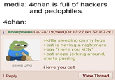 media: 4chan is full of hackers and pedophiles 4chan: Anonymous 04/24/19(Wed)00:13:27 No.52087291 >kitty sleeping on my legs -cat is having a nightmare >say "i love you kitty >cat stops jerking around, starts purring 38 KB JPG i love you cat 1 Reply View Thread