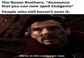 The Russo Brothers: *Announce that you can now spoil Endgame* People who still haven't seen it: in the endgame now.
