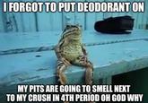 LFORGOTTO PUTIDEODORANT ON MY PITS ARE GOING TO SMELL NEXT TO MY CRUSH IN 4TH PERIOD OH GOD WHY
