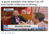 "a good president that doesn't fly off your hands while you're driving" JOHNNY V'S MILWAUKEE, WI 6:48 AM CT AMERICA'S 111(HCR敺凶 TOWN HALL AMY KLOBUCHAR THE ROAD TO 2020 FOX NEWS 6:48 CT ELECTION HS 2020 WEATHER CHI 69/44 CIN77/53CLE70/49 COL 75/52 10:47 AM-8 May 2019