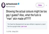 âpihtawikosisân® @apihtawikosisan Follow Showing the actual colours might be too gay I guess? Also, what the f--- is "man" skin made of???? This Tweet from @warpaintmufm has been withheld in response to a report from the copyright holder. Learn more 11:47 PM 8 May 2019