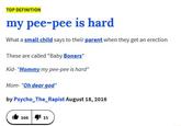 TOP DEFINITION my pee-pee is hard Whata smalil hild says to their parsnt whenthey get an erection These are called "Baby Boners" Kid- "Mommy my pee-pee is hard Mom- "Oh dear god by Psycho_The_Rapist August 18, 2016 166I