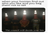 when your homies find out who you like and you beg them not to tell The council will decide your fate