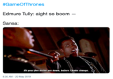 #GameOfThrones Edmure Tully: aight so boom - Sansa Sit your five-dollar ass down, before tmake change. 8:30 AM - 20 May 2019