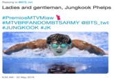 Replying to @BTS_twt Ladies and gentleman, Jungkook Phelps #PremiosMTVMiaw #MTVBRFANDOMBTSARMY @BTS-twt #JUNGKOOK #JK 6:55 AM - 22 May 2019