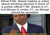 What if Mr. Beast makes a video about drinking alcohol in front of a police officer? Mr. Beast is 21 but Morgz is under 21, so Morgz would be arrested Modern problems require modern solutions