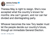 Jeremy Corbyn e r @jeremycorbyn Theresa May is right to resign. She's now accepted what the country's known for months: she can't govern, and nor can her divided and disintegrating party. Whoever becomes the new Tory leader must let the people decide our country's future, through an immediate General Election 5:52 AM - 24 May 2019