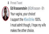 Pinned Tweet Ed Krassenstein @EdKrassen 8h Your vagina, your choice! I support the #SexStrike 100% I must admit though, I hope my wife makes the other choice.