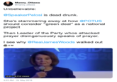 Manny_Ottawa @manny_ottawa Unbelievable: @SpeakerPelosi is dead drunk. She's stammering away at how @POTUS should consider "green deal" as a national project Then Leader of the Party whos attacked prayer disingenuously speaks of prayer. I see why @RealJamesWoods walked out U M 2:01 3,710 views 3:23 AM-24 May 2019