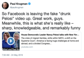 Paul Krugman @paulkrugman So Facebook is leaving the fake "drunk Pelosi" video up. Great work, guys Meanwhile, this is what she's really like sharp, knowledgeable, and remarkably funny House Democratic Leader Nancy Pelosi talks with New Yor... The crisis of migrant families, strife within NATO, a shift on the Supreme Court-America is facing huge challenges at home and abroad, and a divided Congress... youtube.com losi and Paul Kr 7:56 AM - 24 May 2019
