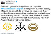 Jon Kasdan @JonKasdan Beyond grateful & galvanized by the #MakeSolo2Happen energy on Twitter today. Means so much to everyone involved & ur enthusiasm makes it possible for us to keep advocating for it! 'Cause, the Maker knows, there's a WAR story set in a Galaxy Far Far Away that's yet to be told... 6:59 PM - 23 May 2019