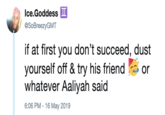 lce.Goddess @SoBreezyGMT if at first you don't succeed, dust yourself off & try his friend or whatever Aaliyah said 6:06 PM - 16 May 2019