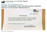 @Syed Jigathi #Pray-for-Neasamani Apollo hospitals has issued press release about Contractor Nesamani's ollo Date: 29.05.2019 PRESS RELEASE The Contractor Nesamani health is in good condition. He ate 2 idly, and Kalaki. Nesamani is being treated and closely monitored by a team of Experts. Issued by: Apollo Hospitals, Chennai. SUBBIAH VISWANATHAN CHIEF OPERATING OFFICER 10:24 AM -29 May 2019