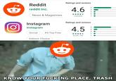 Ratings and reviews Reddit 4.6 reddit Inc 2 News & Magazines 1,023,853 Ratings and reviews Instagranm Instagram 回 4.5 Social #4 Top Free 2,381,742 1 Editors' Choice OW YOUR KNOW YOUR F------ PLACE, TRASH