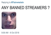 Replying to@Trainwreckstv ANY BANNED STREAMERS? 9:56 AM-8 Oct 2018
