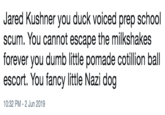Jared Kushner you duck voiced prep school scum. You cannot escape the milkshakes forever you dumb little pomade cotillion ball escort. You fancy little Nazi dog 10:32 PM - 2 Jun 2019