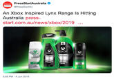 PressStartAustralia PRESS START@PressStartAU An Xbox Inspired Lynx Range Is Hitting Australia press- start.com.au/news/xbox/2019 XL XBOX XBOX XBOX XBOX LYNX LYNX LYNX LYNX eRRrACEImA ODY IFACE HAIR UFT YOUR LIFT YOUR GAME ANTIPERSP RANE GAME UFT YOUR LIFT YOUR GAME GAME 40el 00/755m 5:59 PM - 4 Jun 2019 A
