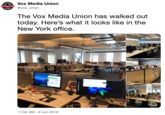 Vox Media Union CONTRACT NOW @vox_union The Vox Media Union has walked out today. Here's what it looks like in the New York office. gOACT 11:54 AM -6 Jun 2019