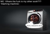 ME: Where the f--- is my other sock!?!? Washing machine: Gone, reduced to atoms Made with your mom'shelp /shtroyasha