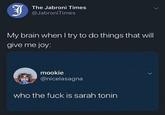 The Jabroni Times @JabroniTimes My brain when I try to do things that will give me joy: mookie @nicelasagna who the f--- is sarah tonin