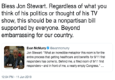 Bless Jon Stewart. Regardless of what you think of his politics or thought of his TV show, this should be a nonpartisan bill supported by everyone. Beyond embarrassing for our country. Evan McMurry@evanmcmurry Jon Stewart: "What an incredible metaphor this room is for the entire process that getting healthcare and benefits for 9/11 first responders has come to. Behind me, a filled room of 9/11 first responders-and in front of me, a nearly empty Congress." .. 1:48 12:04 PM - 11 Jun 2019